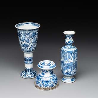 A Chinese blue and white goblet, a silver-mounted salt and a vase, Kangxi