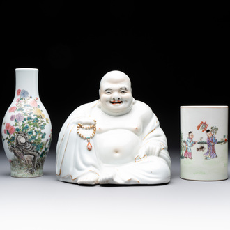 A Chinese gilt- and iron-red-decorated white-glazed Milefo Buddha, a famille rose vase and a brush pot, Qianlong and Xue Changseng 薛長森 mark, 20th C.