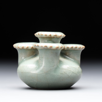 A rare Chinese Longquan celadon quadruple-neck incense holder, Southern Song