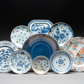 Nine Chinese monochrome, blue, white and famille rose wares, 18/19th C.