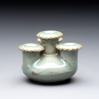 A rare Chinese Longquan celadon quadruple-neck incense holder, Southern Song