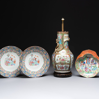 A pair of Chinese Canton famille rose plates, a vase and a shell-form dish, 19th C.