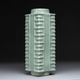 A large Chinese Longquan celadon 'cong' vase, Song/Yuan
