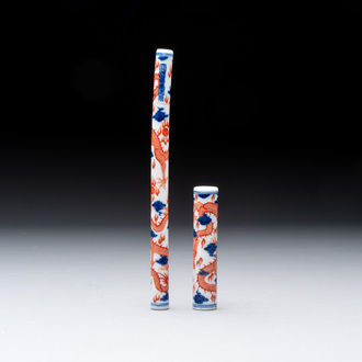 A rare and fine Chinese iron-red, blue and white 'dragon' brush handle and cover, Jiaqing mark and of the period