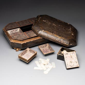 A Chinese Canton gilt-lacquered box and cover, including mother-of-pearl accessories, 19th C.