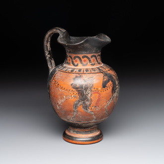 A Greek terracotta 'Oenochoe' vase with Hephaestus and Silenus, Roman era