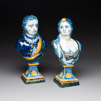 A pair of large polychrome Dutch Delft busts of King William V and Wilhelmina, 3rd quarter 18th C.