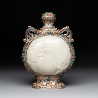 A Chinese jade-inset and hardstone-inlaid silver moonflask and cover in Mongolian style, 19th C.