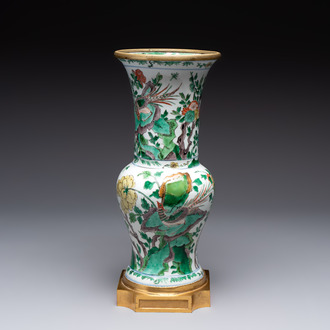 A Chinese famille verte gilt-bronze-mounted 'yenyen' vase with pheasants among flowering branches, Kangxi