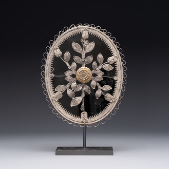 An Ottoman partly-gilt filigree silver mirror with floral design, Istanbul, Turkey, 18/19th C.