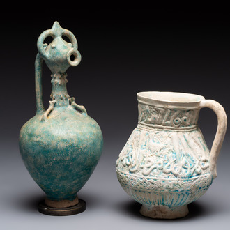A green-glazed and a turquoise-glazed Kashan jug, Persia, 12/13th C.