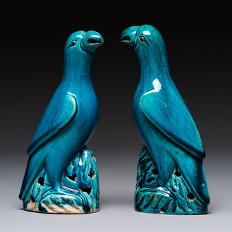 A pair of Chinese turquoise-glazed parrots, 19th C.