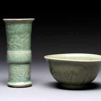 A Chinese Longquan celadon 'gu' vase with 'anhua' floral design and a bowl, Ming