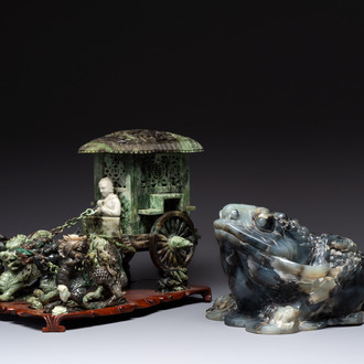 A Chinese jade group of an imperial carriage with mythical beasts and a large three-legged toad, 20th C.
