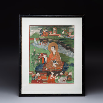 A Tibetan thangka with a seated Luohan, 18/19th C.