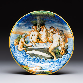 A fine Italian maiolica 'Banquet of Maritime Gods' dish, workshop of Domenico da Venezia, 3rd quarter 16th C.
