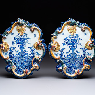 A pair of polychrome Dutch Delft mixed technique 'flower vase' plaques, ca. 1750