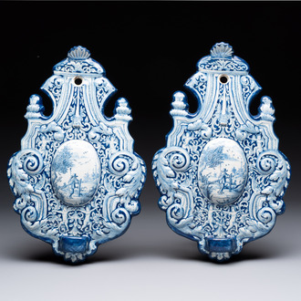 A pair of blue and white Dutch Delft wall sconces, 18th C.