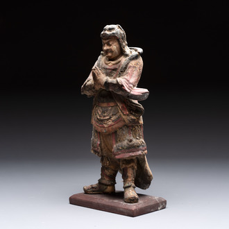 A Chinese polychrome lacquered wooden sculpture of Weituo, 17/18th C.