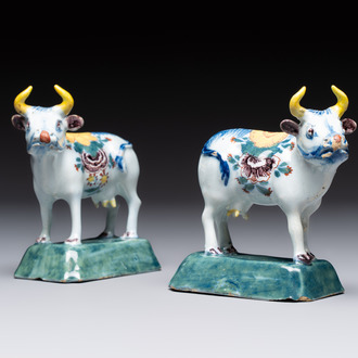 A pair of polychrome Dutch Delft cows, 18th C.