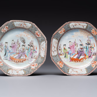 A pair of Chinese Canton famille rose 'mandarin subject' octagonal plates, Qianlong