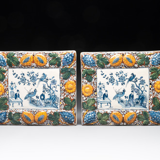 A pair of rectangular Dutch Delft 'mixed technique' plaques, 1st quarter 18th C.