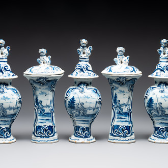 A blue and white Dutch Delft garniture of five vases and covers, 2nd half 18th C.