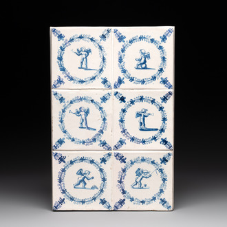 An attractive field of six blue and white Dutch Delft 'cherub' tiles, Haarlem, 17th C.