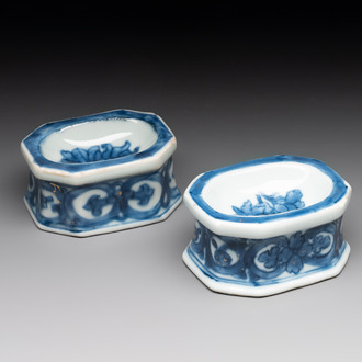 A pair of Chinese gilt-decorated blue and white salts, Qianlong