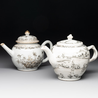 A Chinese gilt-decorated grisaille 'European subject' teapot and a 'flower basket' teapot, Qianlong