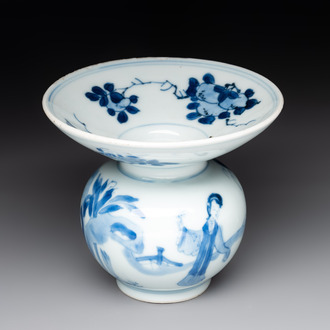 A Chinese blue and white spittoon with figural design, Kangxi