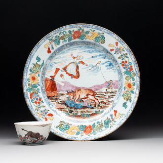 A rare Chinese Dutch-decorated 'The miracle of Zaandam' plate and a cup, Qianlong