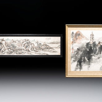 Huang Jusu 黃居素 (1897-1986): 'Mountainous landscape' and Chinese school: 'Pagoda', ink and colour on paper, dated 1969