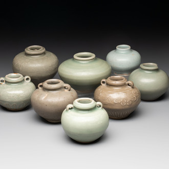 Eight Chinese Longquan celadon jarlets with floral design, Song/Yuan