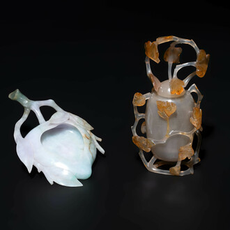 A Chinese jadeite brush washer in the form of a peach and an agate covered jar, 19th C.