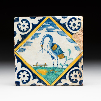A polychrome Dutch Delft maiolica 'heron' diamond tile, late 16th C.