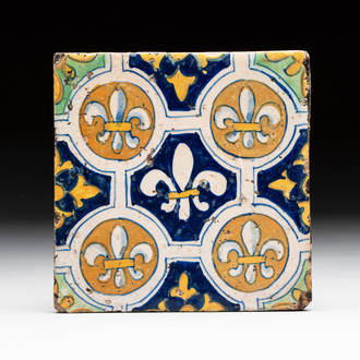 A polychrome Dutch Delft 'French lilies' tile, ca. 1600