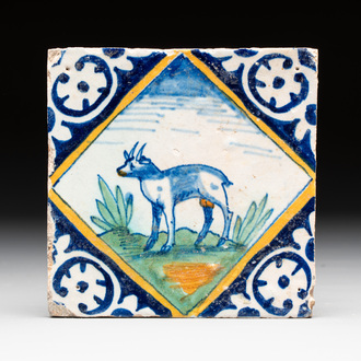 A polychrome Dutch Delft maiolica 'goat' diamond tile, late 16th C.
