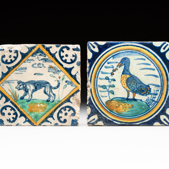 A polychrome Dutch Delft maiolica 'dog' diamond tile and a 'bird' medallion tile, late 16th C.