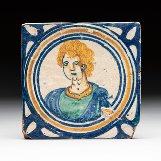 A polychrome Dutch Delft maiolica 'portrait' medallion tile, late 16th C.