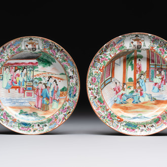 A pair of Chinese Canton famille rose armorial plates, 19th C.