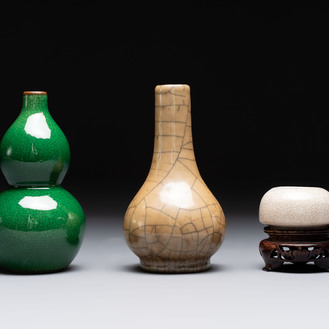 Two Chinese monochrome vases and a water pot on wooden stand, 19/20th C.