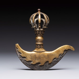 A Tibetan brass and iron kartika with incised dragon design, 19th C.