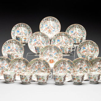 14 Chinese Canton famille rose 'Wu Shuang Pu-style' cups and saucers, 19th C.