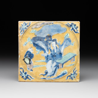 A Chinese green-and-yellow-enamelled blue and white 'Long Eliza' tile, Kangxi
