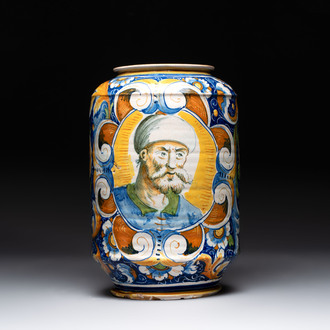 A very large and fine Italian maiolica albarello with two male portrait busts, workshop of Maestro Domenico, Venice, ca. 1540-1550