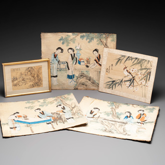 Chinese school: 'Five works with birds, flowers and figures', ink and colour on paper and silk, signed Shi Hou 史候, 19/20th C.