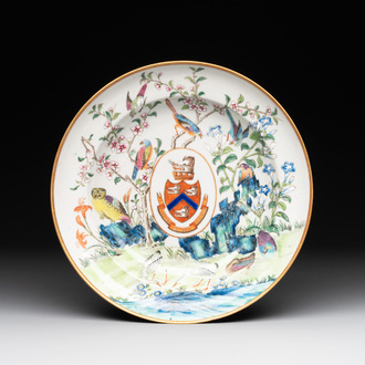 A rare Chinese Canton famille rose armorial dish with the arms of Wight, ca. 1810