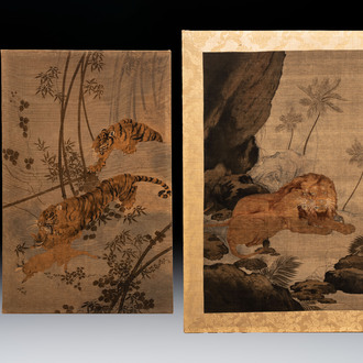 Two Japanese embroidered silk panels with hunting tigers and lions, Meiji, 19th C.
