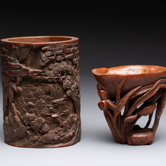 A Chinese carved bamboo brush pot and libation cup, Qing